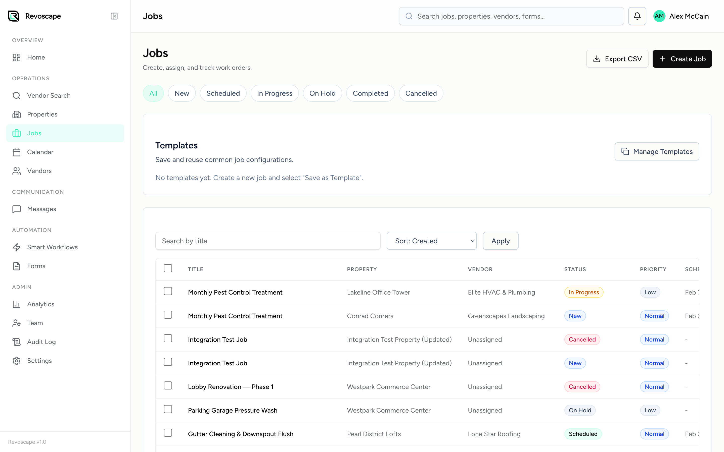 Revoscape work orders view with job tracking and status