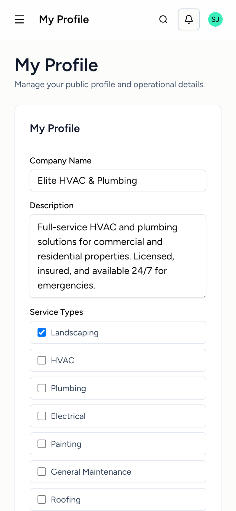 Vendor web app profile with trades and service details