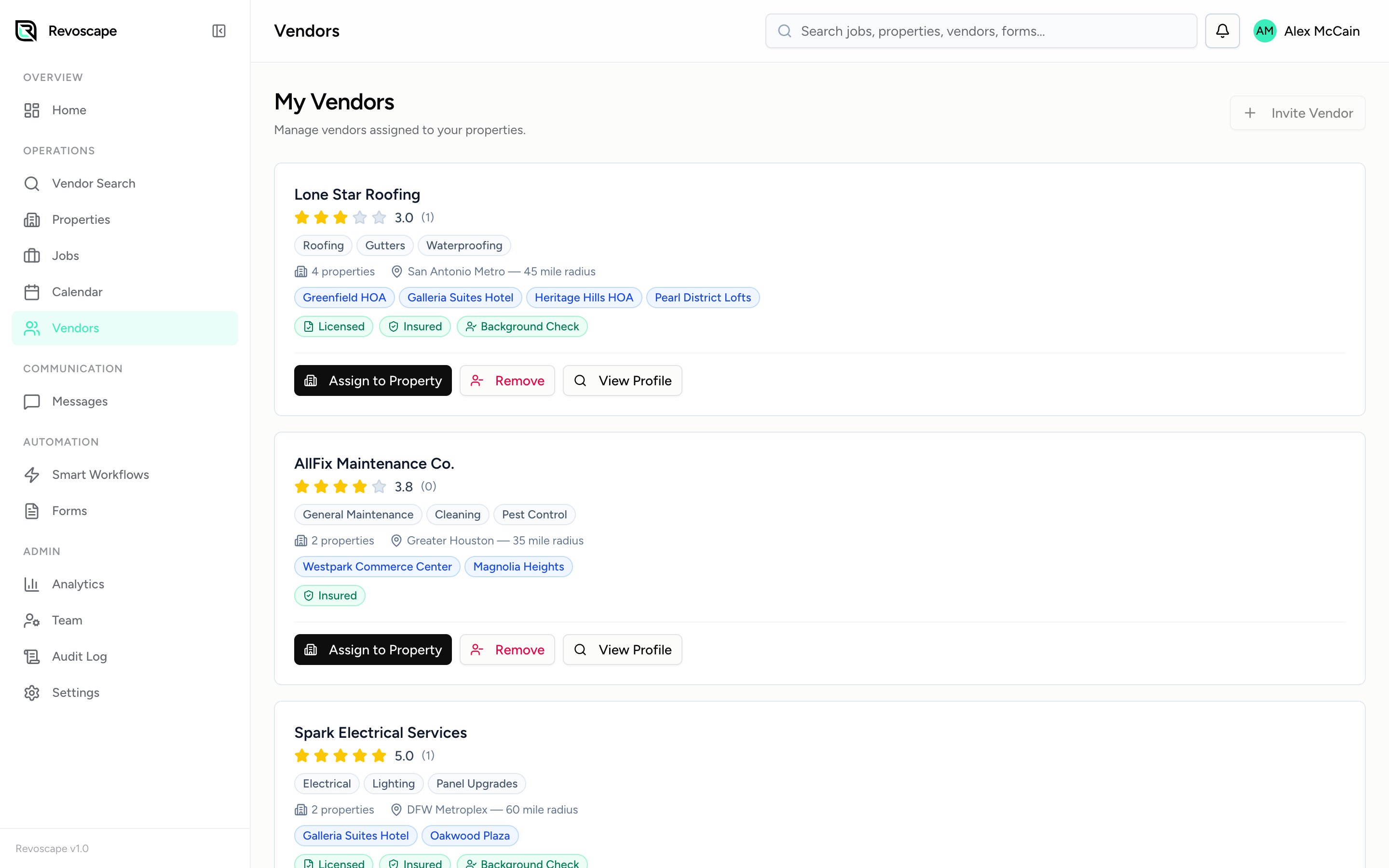 Revoscape vendor management with profiles and performance scores